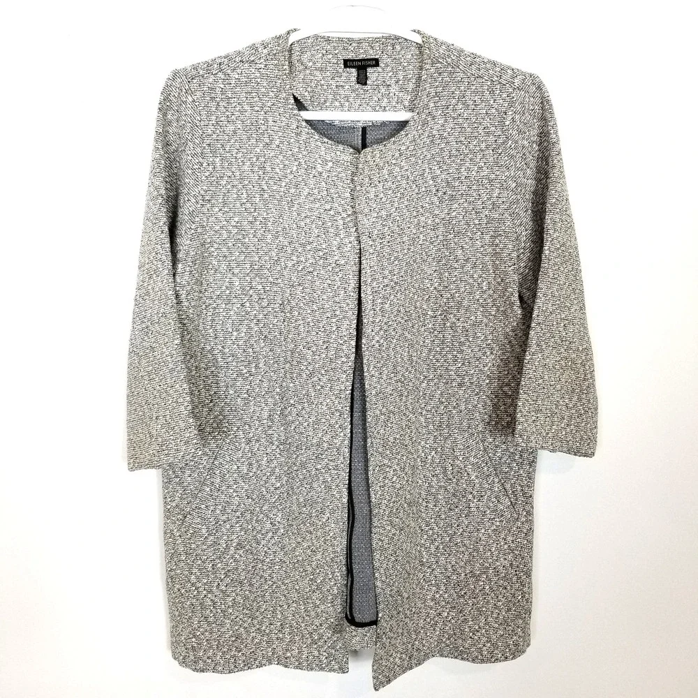 Eileen Fisher Marled Gray Textured Woven Cotton Blend Swing Coat Sz L Classic